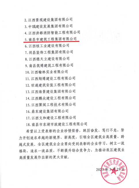 南昌市修建工程集团有限公司获评2022年度南昌市东湖区修建业质量信得过企业_拉斯维加斯3133cc